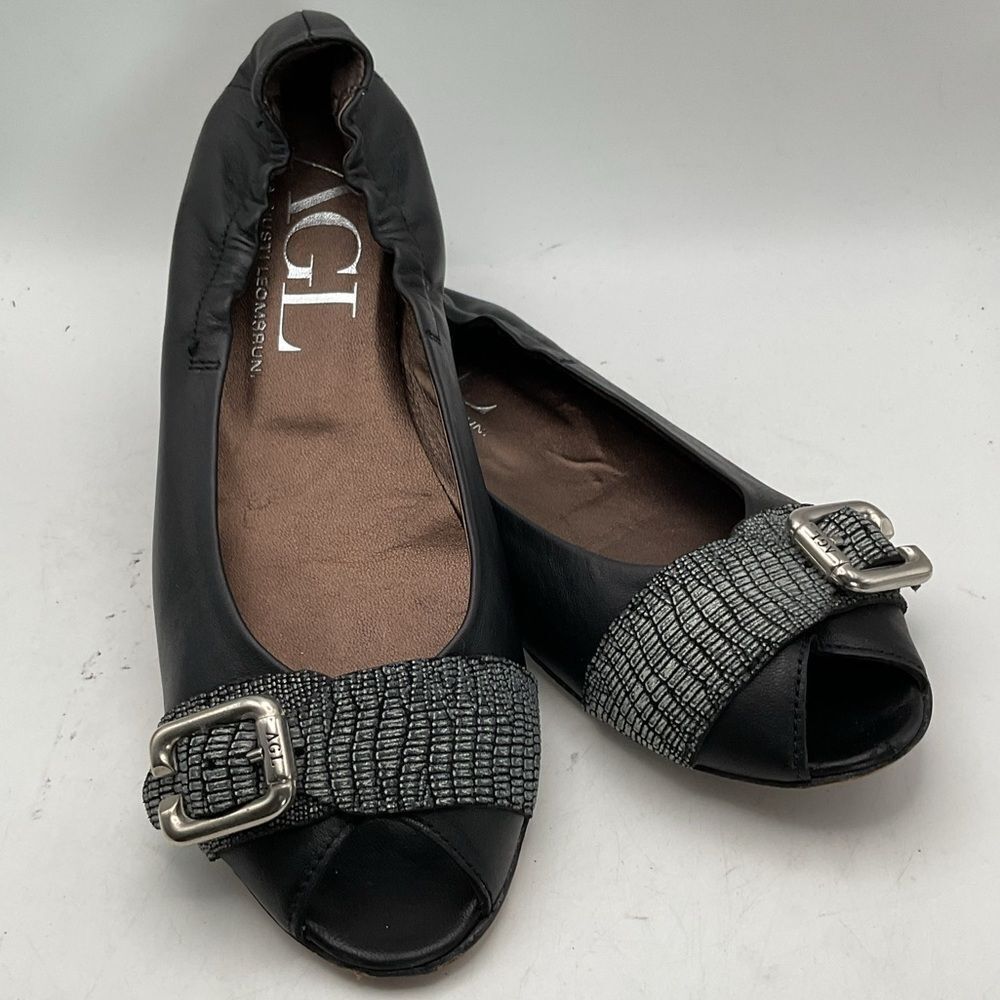 AGL ladies ballet flats shoes 38 1/2 us 8 1/2 black silver peep toe leather chic - Picture 2 of 13